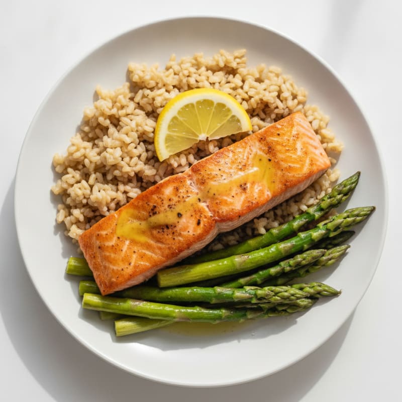 Seared Salmon with Steamed Asparagus and Brown Rice