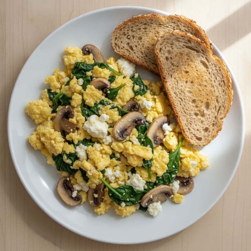Cottage Cheese Scramble with Spinach and Sautéed Mushrooms