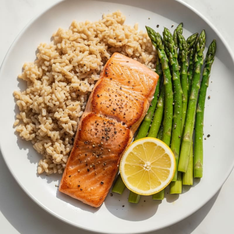Seared Salmon Fillet with Steamed Asparagus and Brown Rice