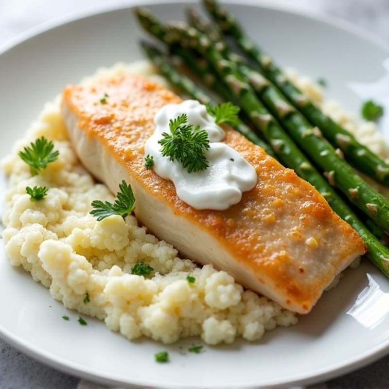 Pan-Seared Tilapia with Roasted Asparagus and Cauliflower Mash