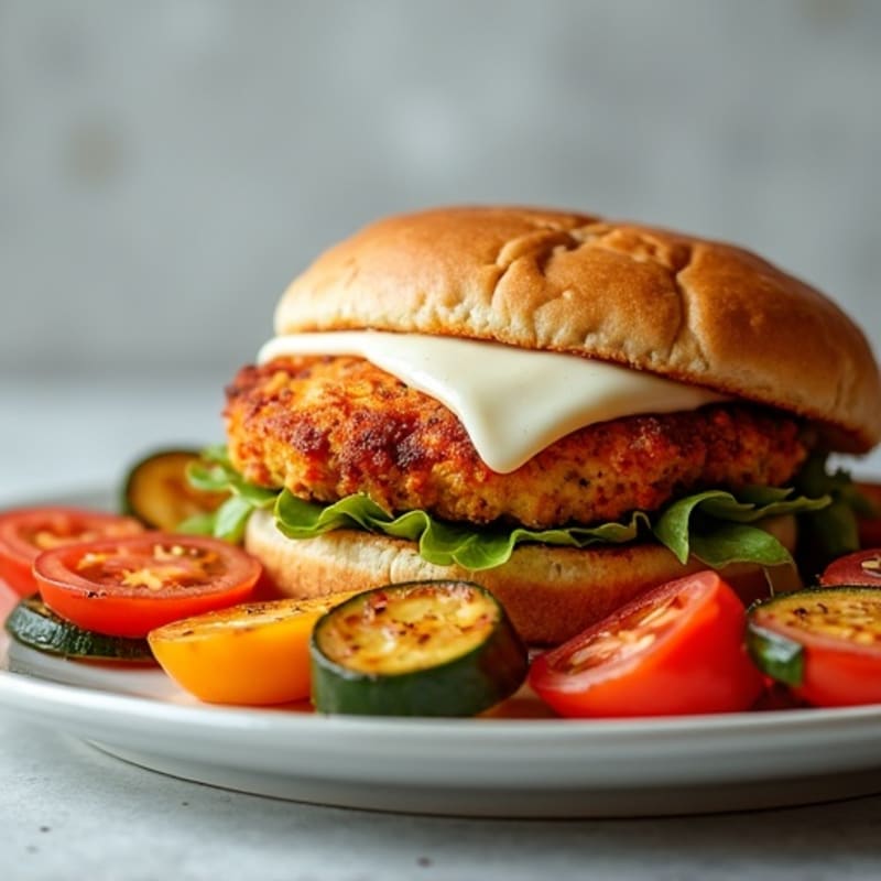 Crispy Baked Chicken Mozzarella Burger with Roasted Marinara Vegetables