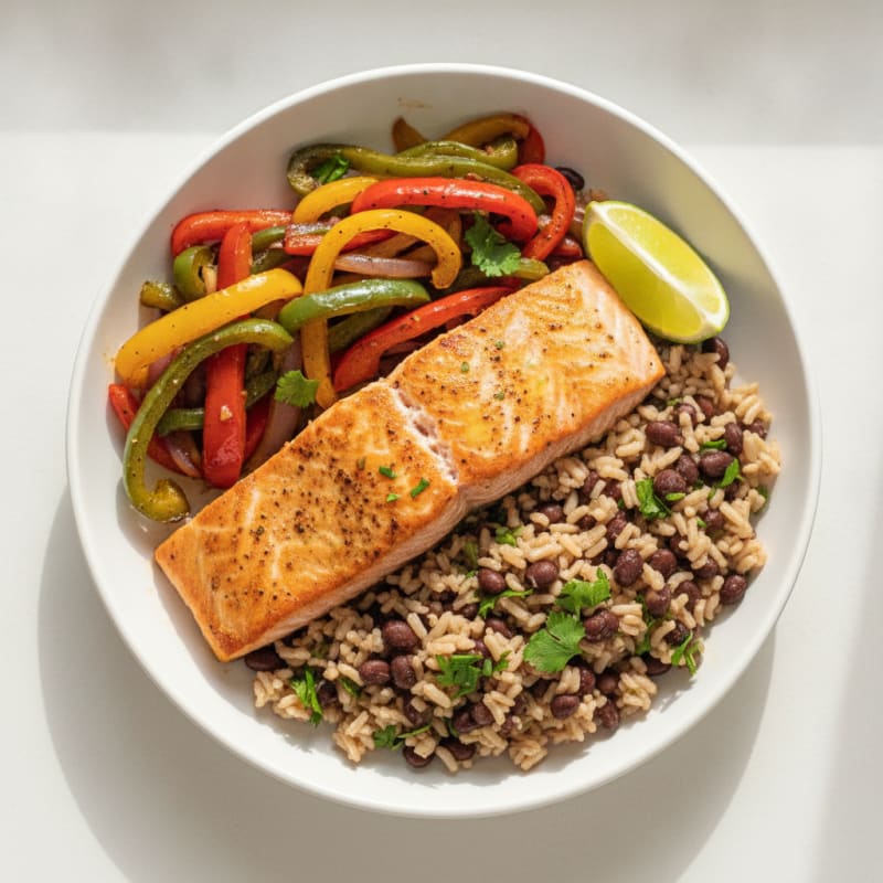 Pan-Seared Salmon with Herb Rice and Roasted Fajita Vegetables