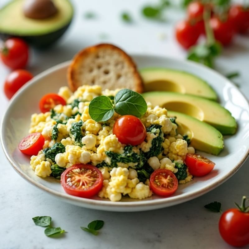 Egg White and Spinach Scramble with Cottage Cheese and Cherry Tomatoes