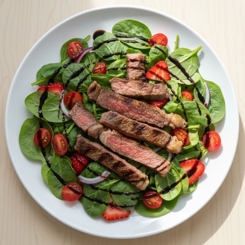 Grilled Beef Strips over Spinach and Tomato Salad