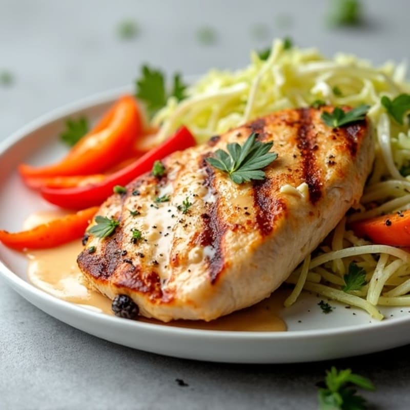 Grilled Chicken Breast with Crunchy Cabbage Salad and Lemon Tahini Dressing