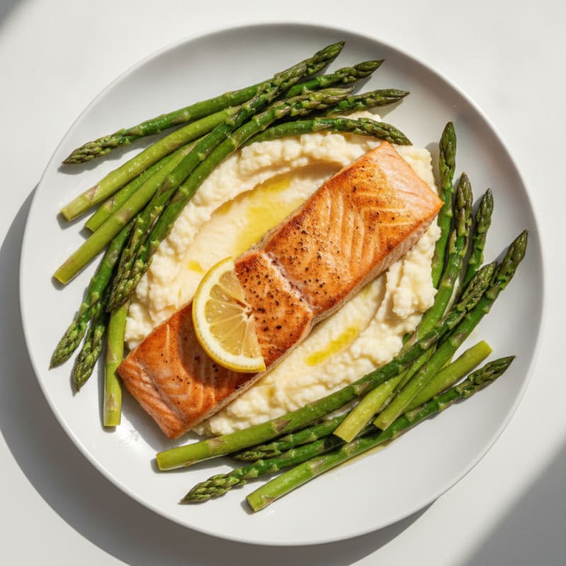 Seared Salmon with Steamed Asparagus and Cauliflower Mash