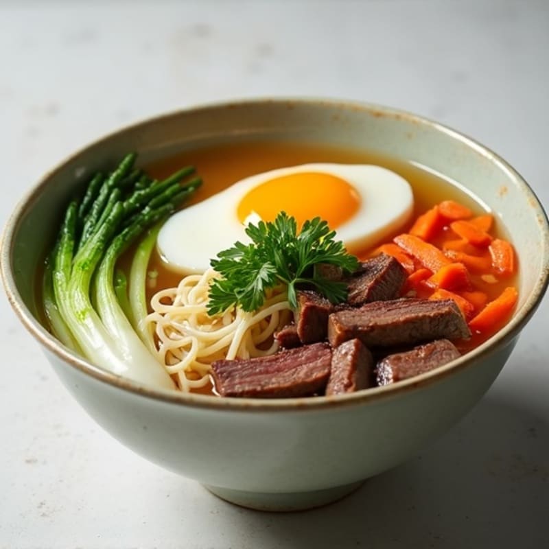 Fragrant Beef Noodle Soup with Fresh Herbs and Crisp Vegetables