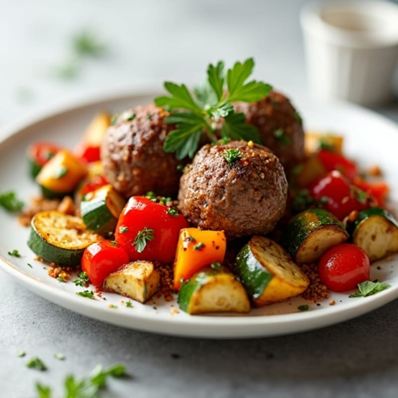 Herb-Garlic Lamb Meatballs with Roasted Vegetables