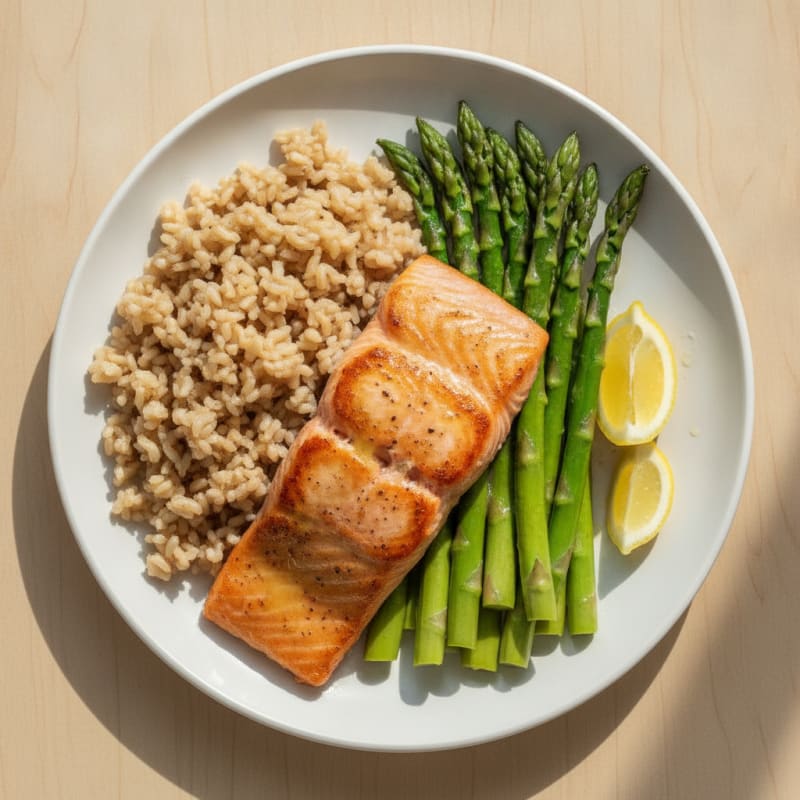 Seared Salmon Fillet with Steamed Asparagus and Brown Rice