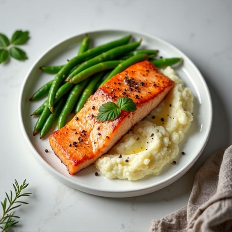 Seared Salmon with Garlic Green Beans and Cauliflower Mash