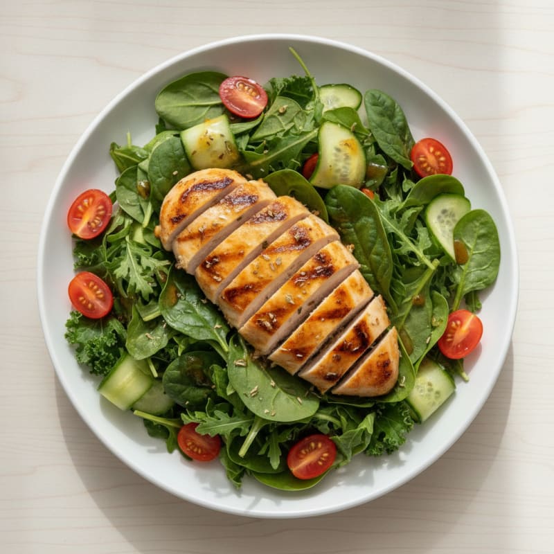 Grilled Chicken Breast over Mixed Greens with Cucumber and Tomato