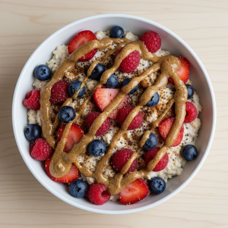 Fluffy Greek Yogurt Protein Oats with Almond Butter and Berries