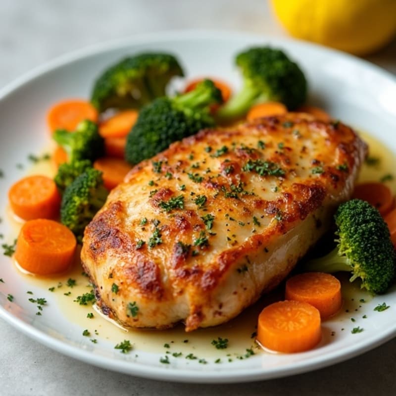 Crispy Lemon-Herb Chicken Thighs with Roasted Broccoli and Carrots