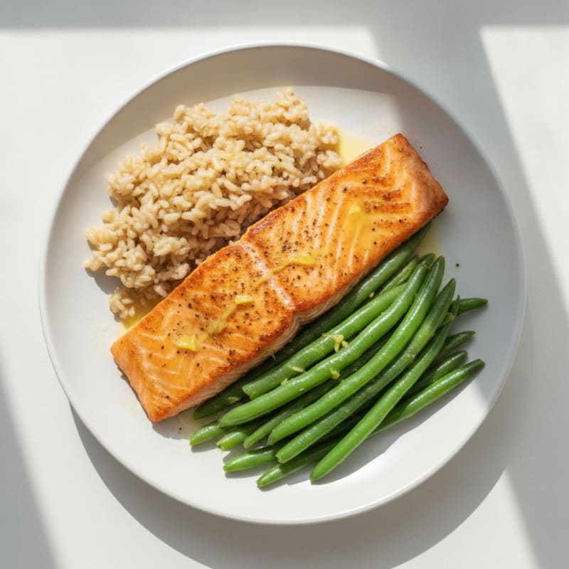 Seared Salmon with Steamed Green Beans and Brown Rice
