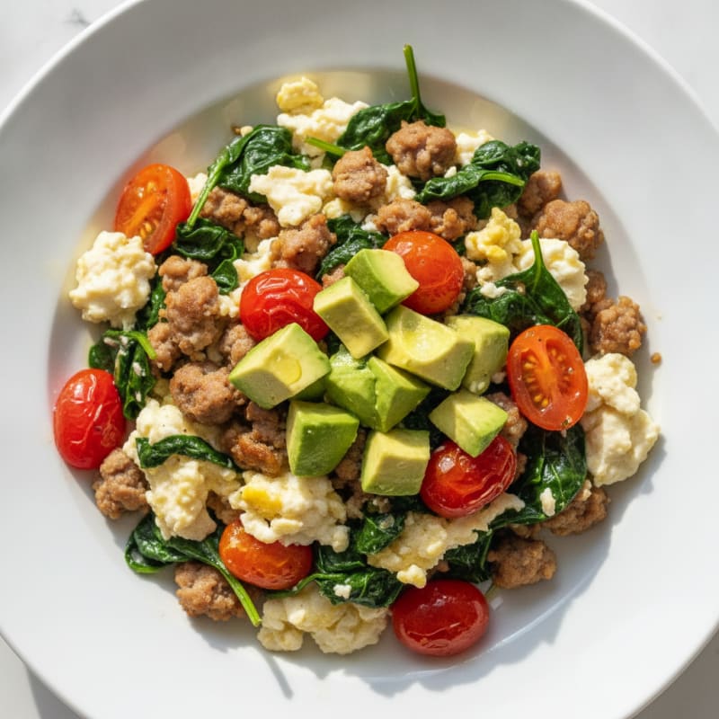 Egg White and Turkey Sausage Scramble with Spinach and Tomatoes