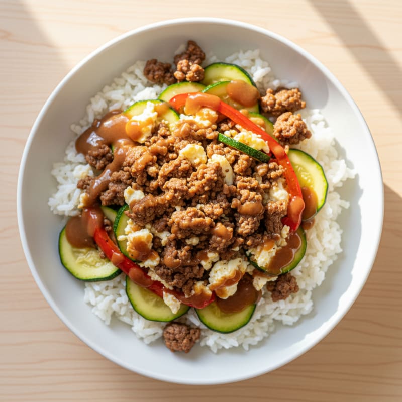 Lean Ground Round and White Rice Bowl with Sautéed Veggies