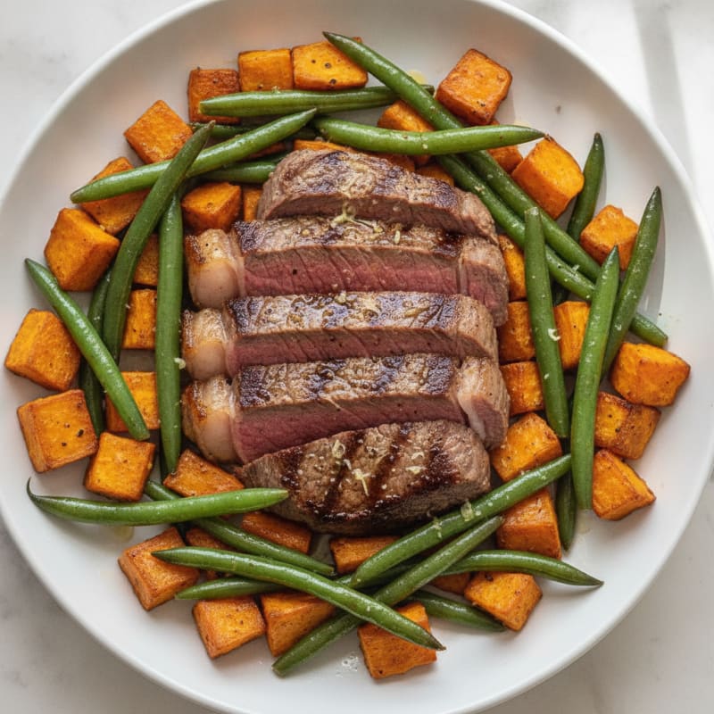 Seared Lean Beef with Roasted Sweet Potato and Green Beans