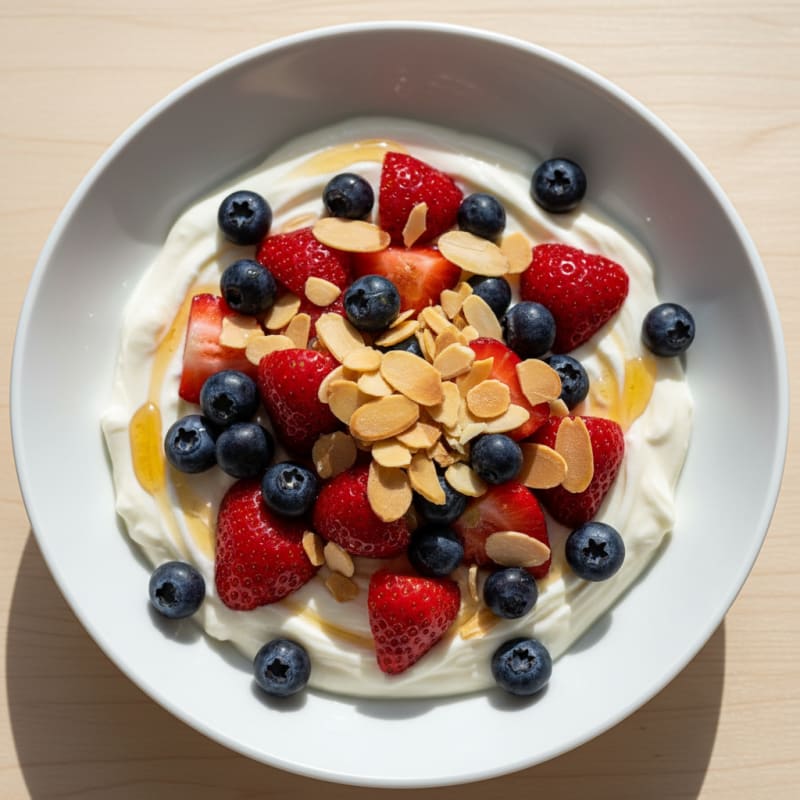 Creamy Vanilla Greek Yogurt with Protein Powder and Fresh Berries
