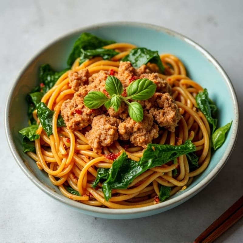 Spicy Peanut Noodles with Lean Ground Pork and Wilted Greens