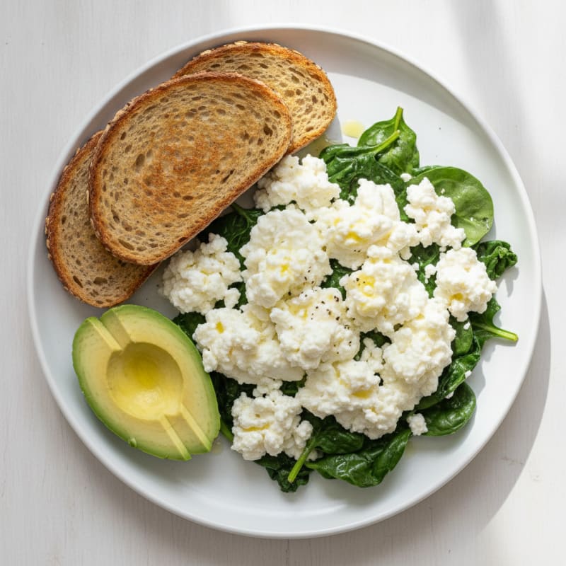 Egg White and Cottage Cheese Scramble with Sautéed Spinach