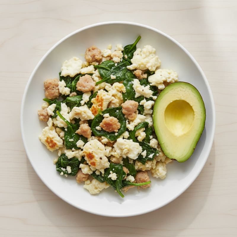 Egg White and Turkey Sausage Scramble with Sautéed Spinach