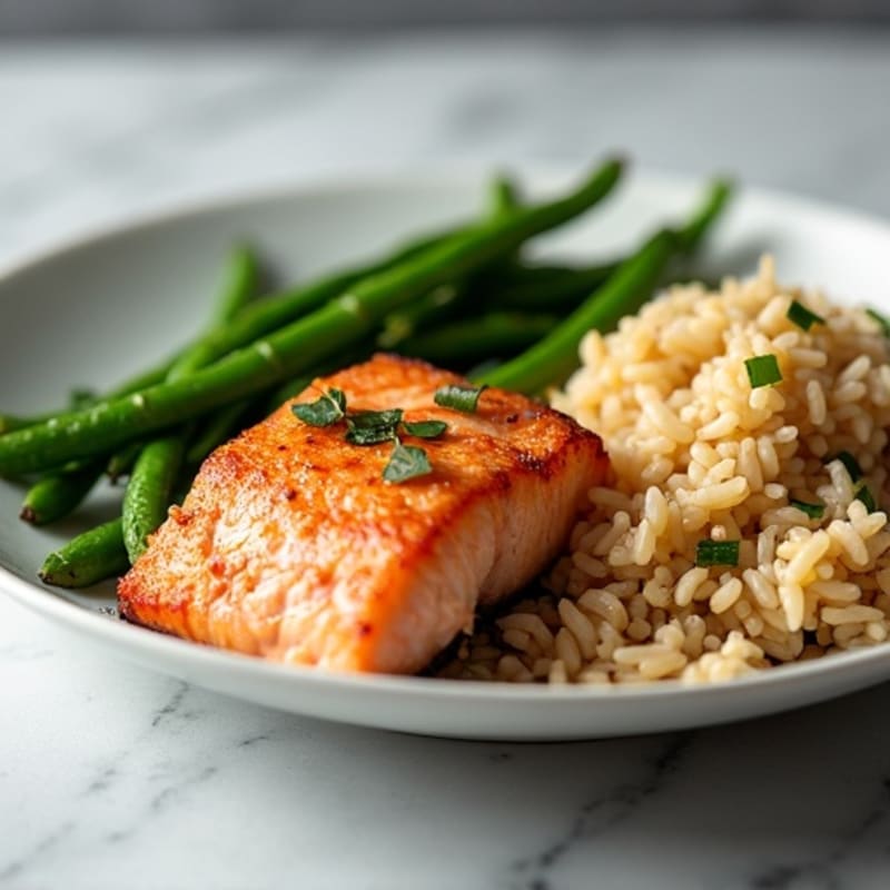 Seared Salmon with Garlic Green Beans and Brown Rice