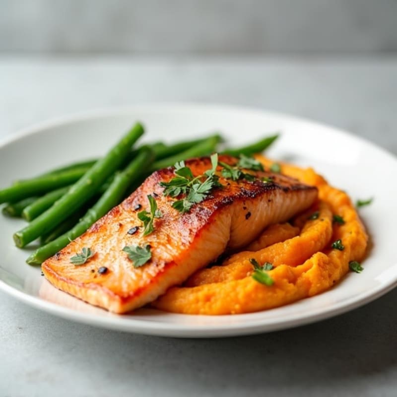 Seared Salmon with Steamed Green Beans and Sweet Potato Mash