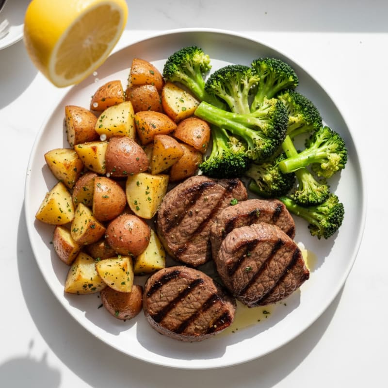 Seared Lean Beef with Herb Potatoes and Steamed Broccoli
