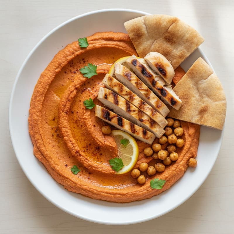 Roasted Red Pepper Hummus with Grilled Chicken and Pita