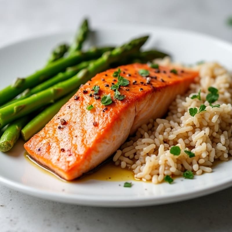 Seared Salmon with Steamed Asparagus and Brown Rice