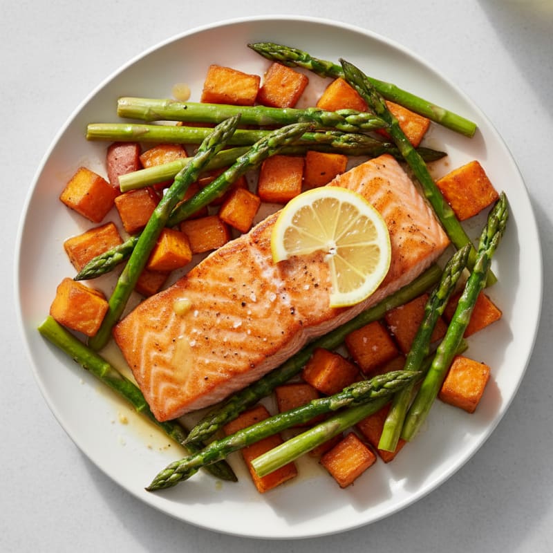 Seared Salmon Fillet with Roasted Sweet Potatoes and Asparagus