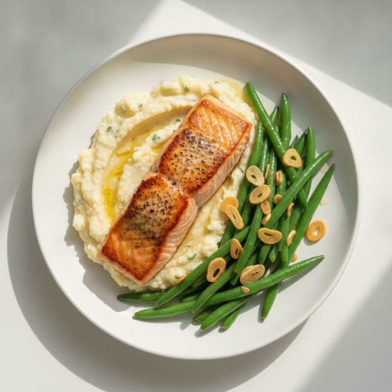 Seared Salmon with Garlicky Green Beans and Cauliflower Mash