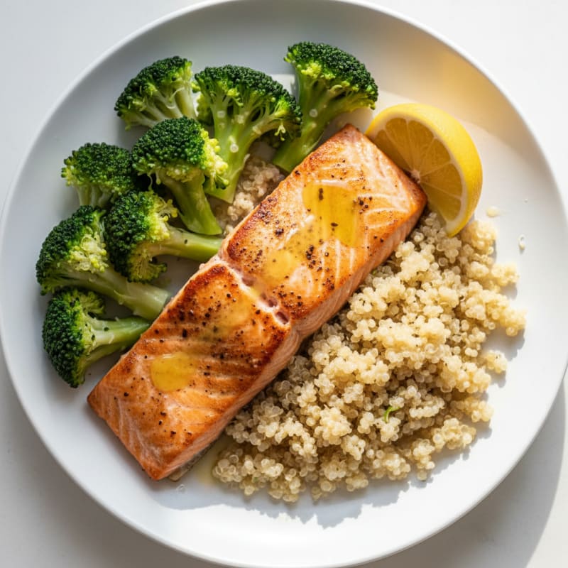 Seared Salmon Fillet with Steamed Broccoli and Quinoa