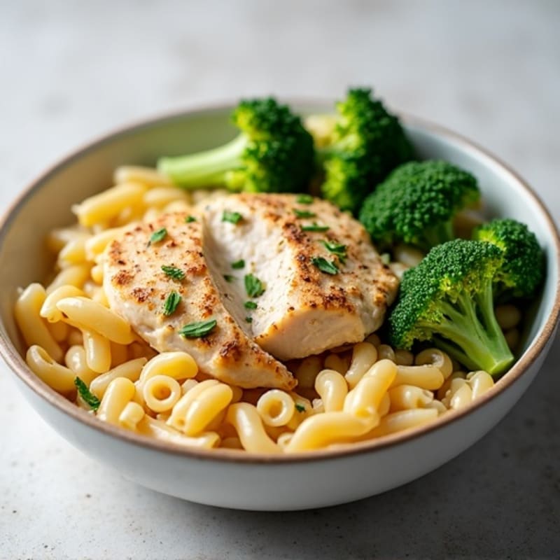 High-Protein Creamy Garlic Chicken Pasta with Roasted Broccoli