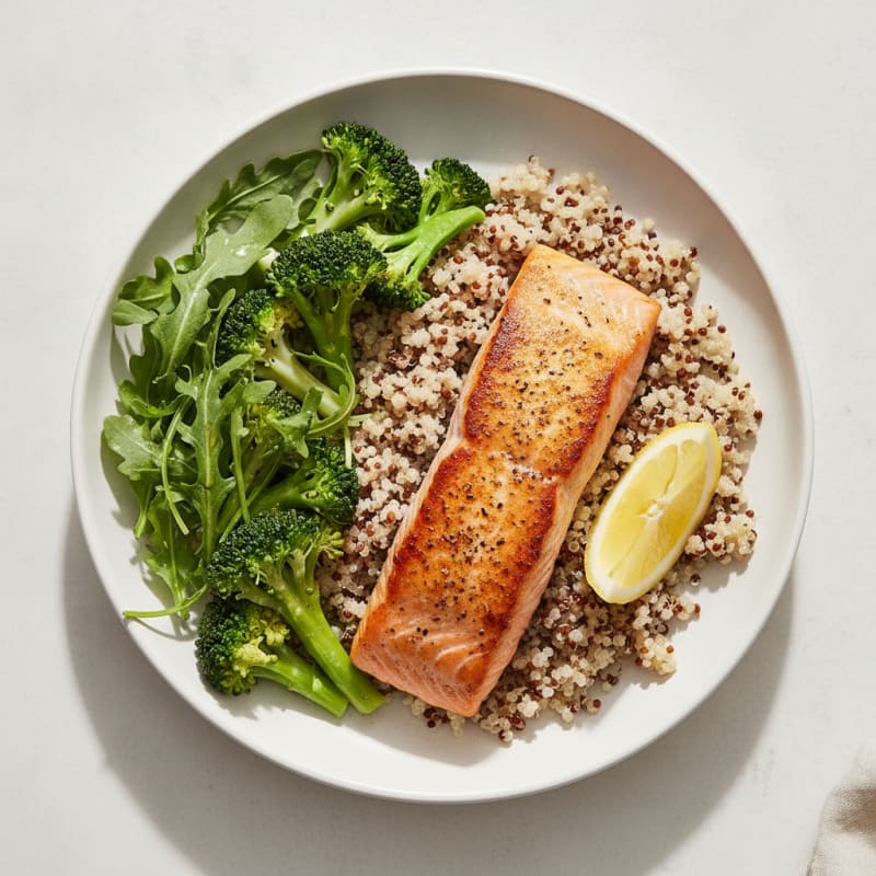 Seared Salmon with Steamed Broccoli and Quinoa