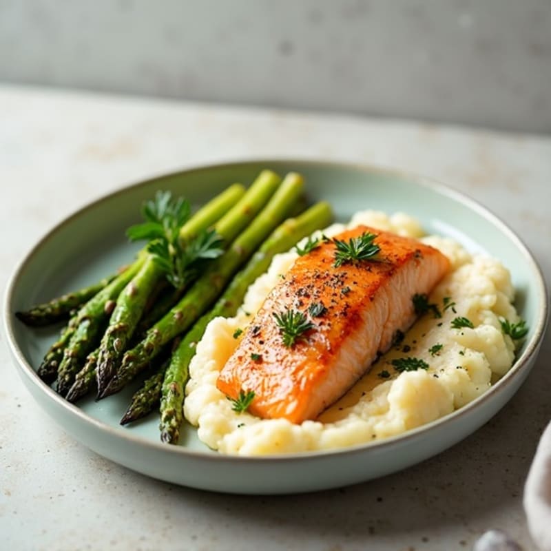 Seared Salmon with Steamed Asparagus and Garlic Cauliflower Mash