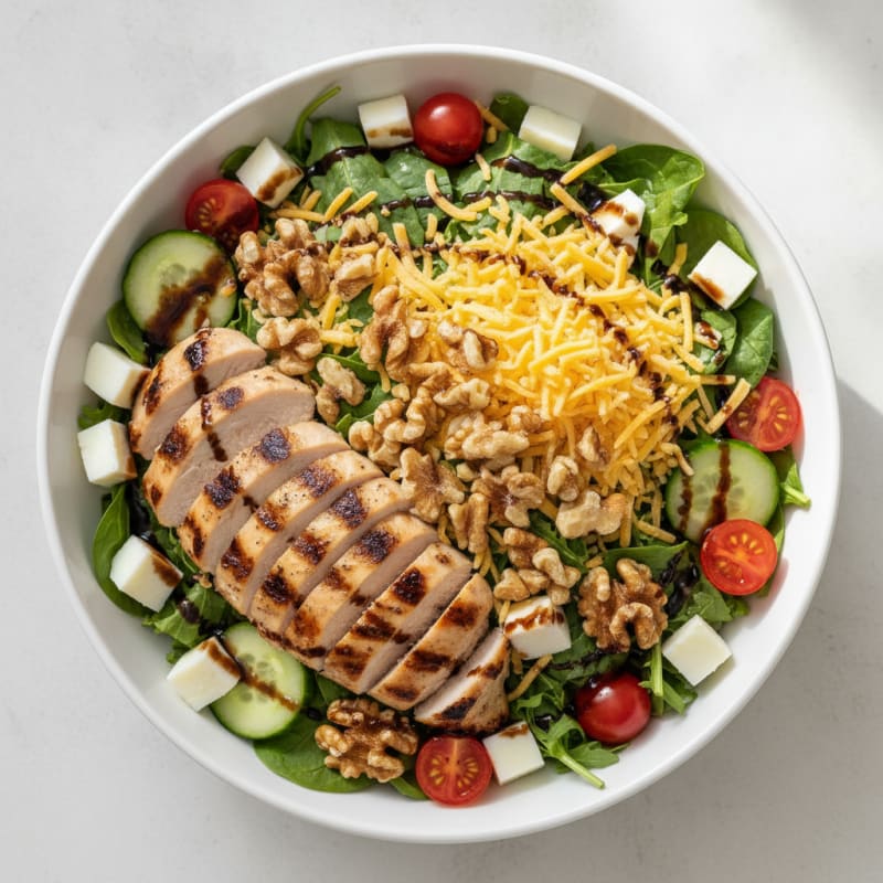 Grilled Chicken and Mixed Greens Salad with Walnuts and Shredded Cheese