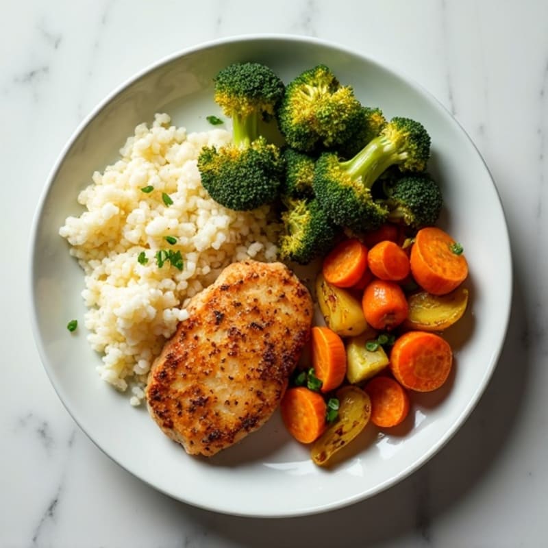 Pan-Seared Chicken with Crispy Roasted Vegetables and Fluffy Cauliflower Rice