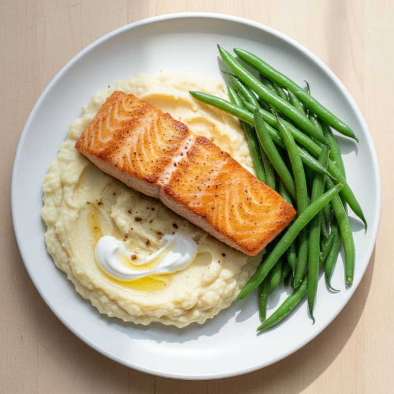 Seared Salmon with Steamed Green Beans and Garlic Mashed Cauliflower