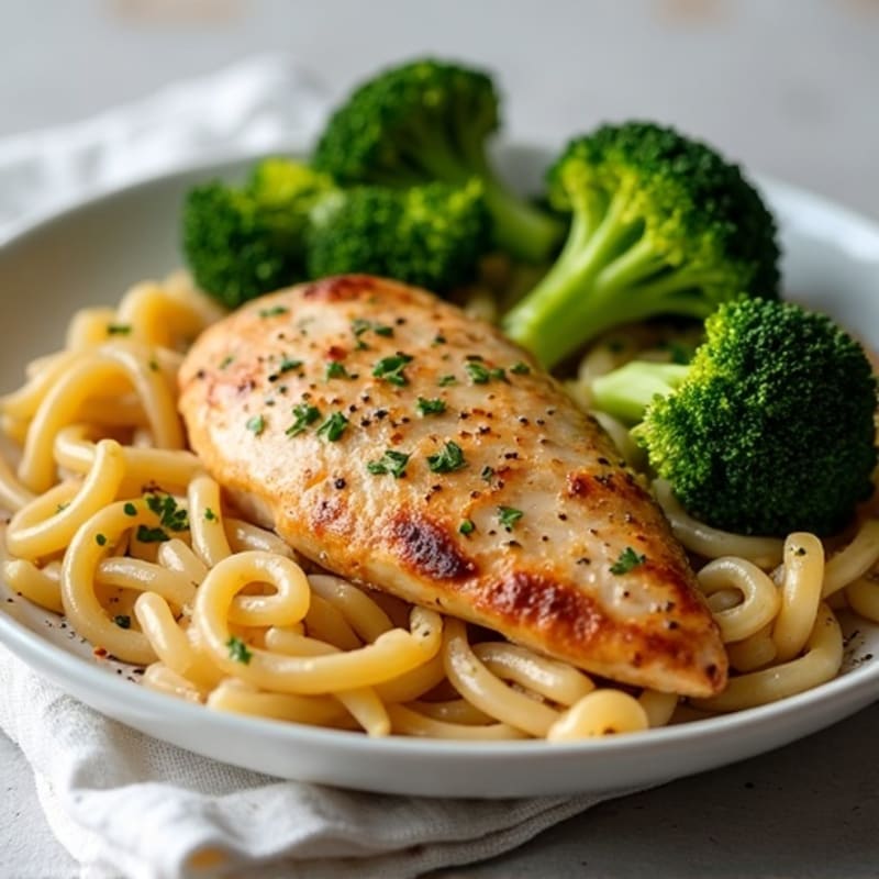 Pan-Seared Chicken and Whole Wheat Pasta with Roasted Broccoli