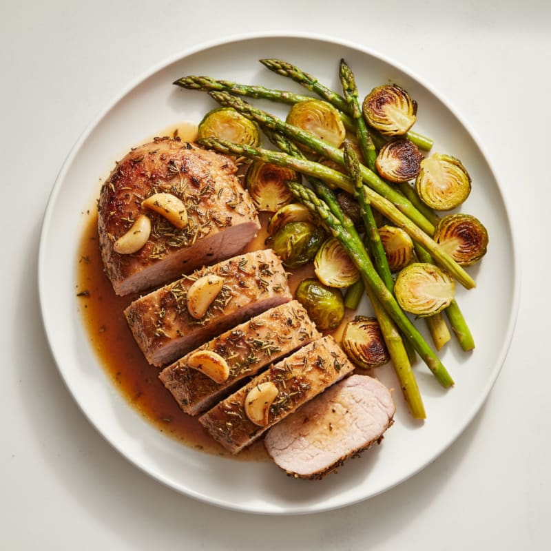 Herb-Roasted Pork Tenderloin with Roasted Brussels Sprouts and Asparagus