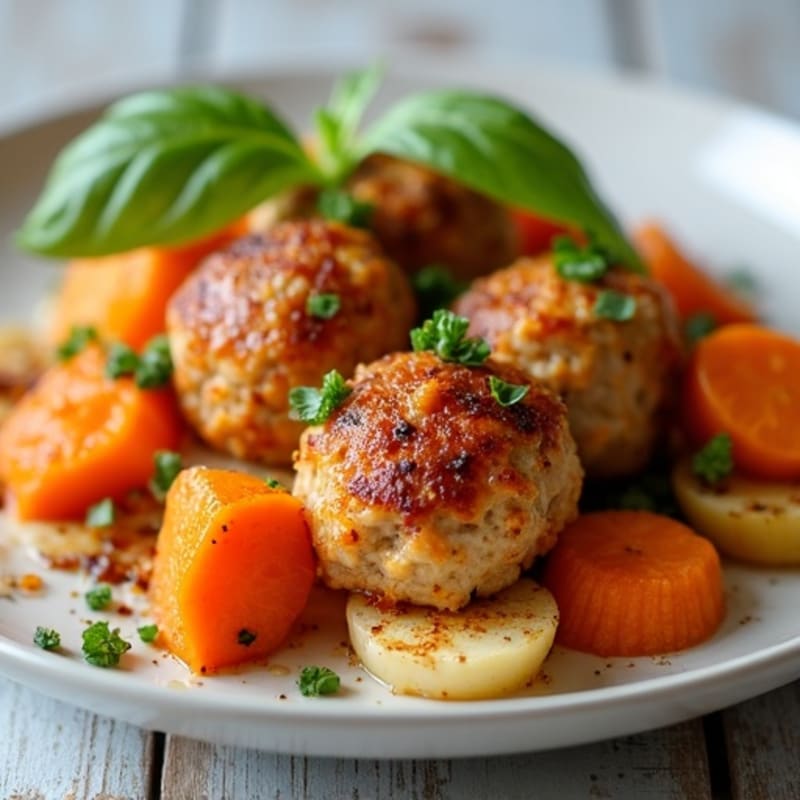 Crispy Baked Chicken Meatballs with Roasted Root Vegetables