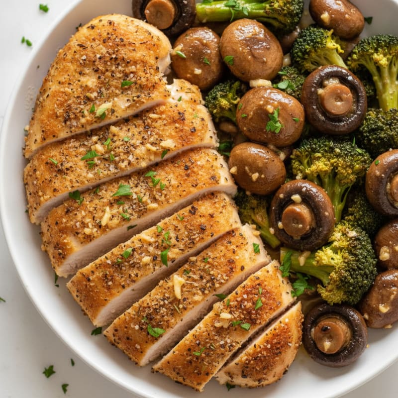 Roasted Garlic Butter Mushrooms with Herb-Crusted Chicken