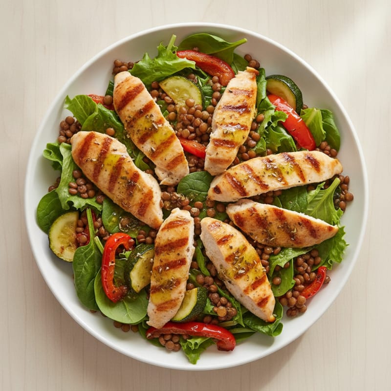Grilled Chicken Breast Salad with Lentils and Roasted Vegetables