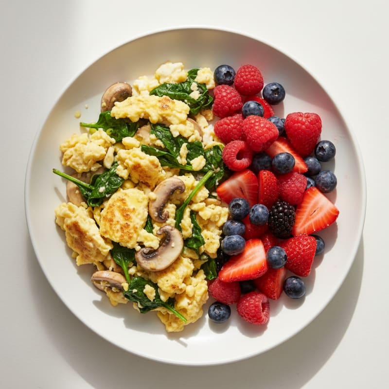 Egg and Spinach Scramble with Mushrooms and Berries