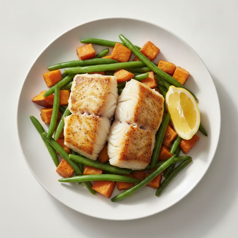 Seared Cod with Roasted Sweet Potato and Green Beans