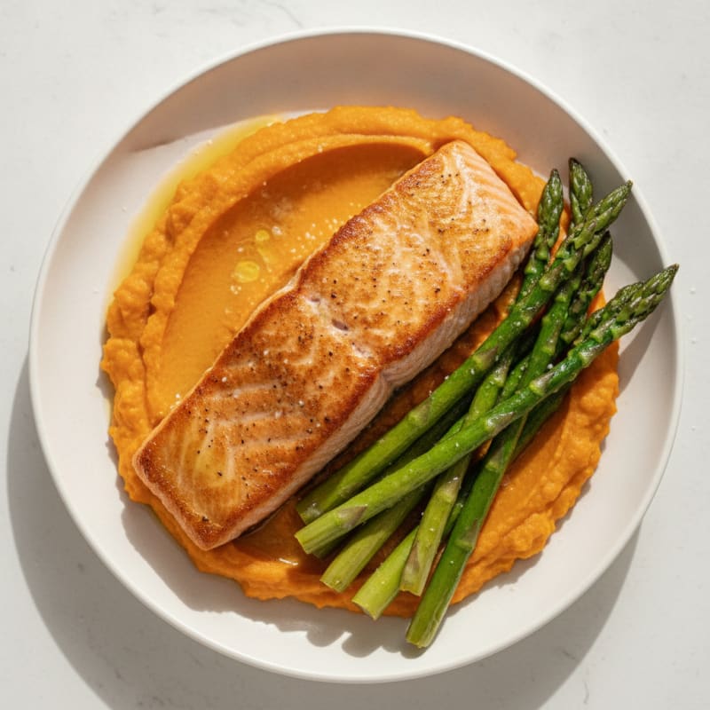 Seared Salmon Fillet with Roasted Asparagus and Sweet Potato Mash