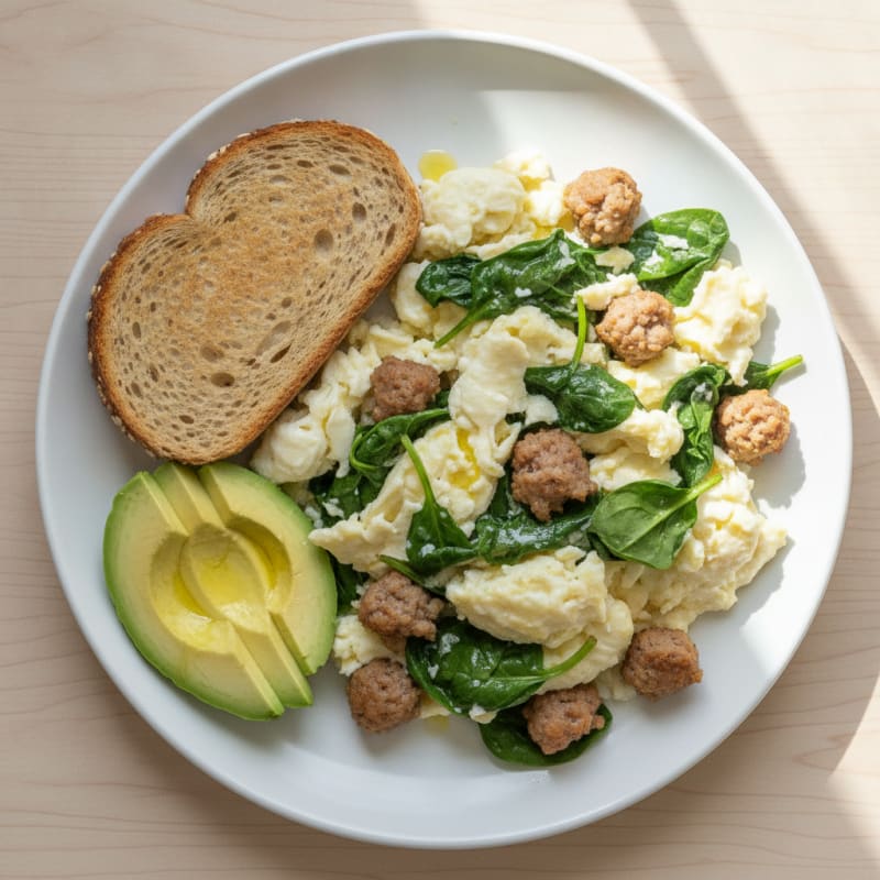 Egg White and Spinach Scramble with Turkey Sausage