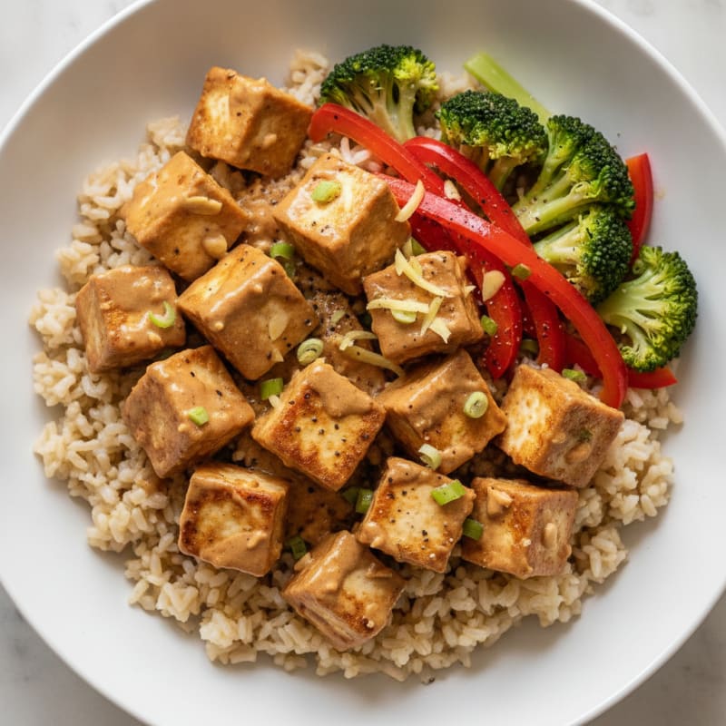 Thai Peanut Tofu and Rice Bowl