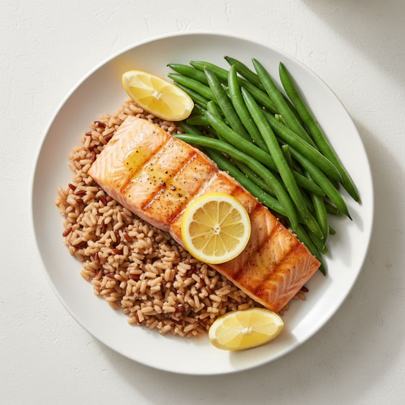 Seared Salmon with Steamed Green Beans and Brown Rice